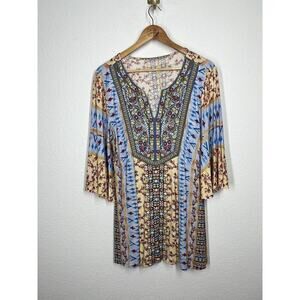 Soft Surroundings Fifi Embroidered Mixed Print Bell Sleeve Tunic Top Size Medium